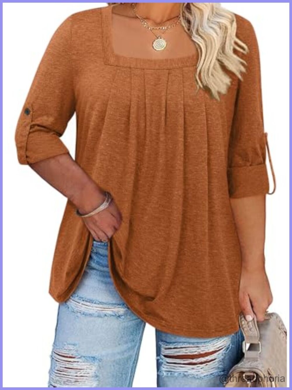 Plus Size 3/4 Sleeve Square Neck Tunic Top Roll Up Sleeve Workwear